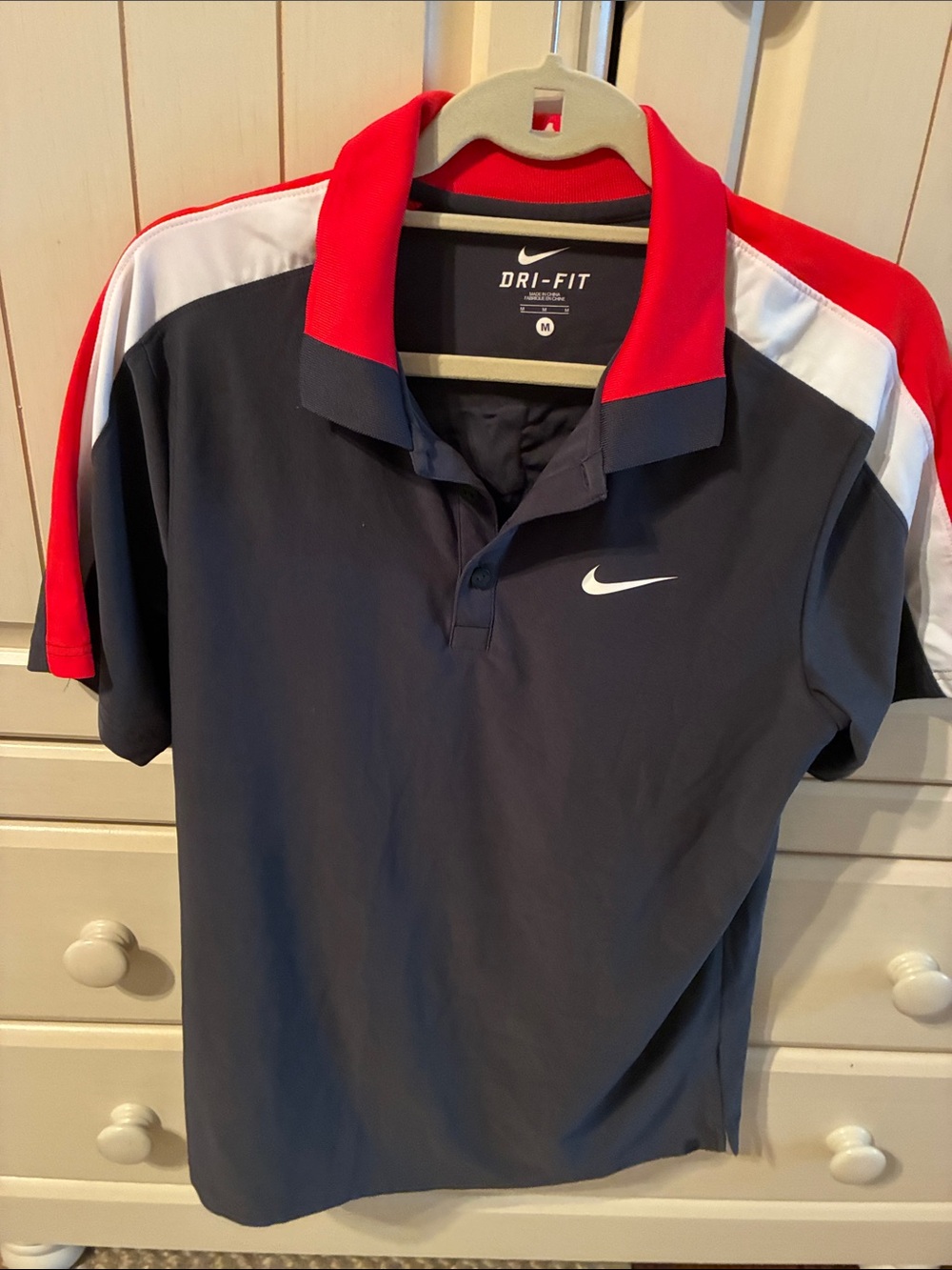 Nike Men's Navy Polo with Red and White Panels